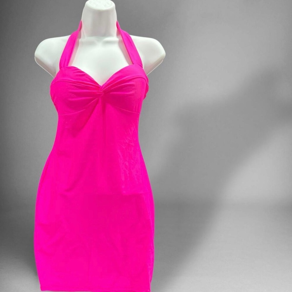 Y2K Hot Pink Lore Halter Mini Dress Made in USA Summer Beach Cocktail Dress